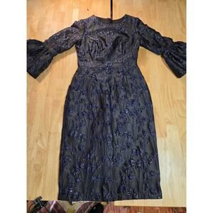 Betsy Adams size 4 midi dress 3/4 length sleeve black purple metallic pencil